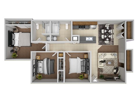 Floor plan for 3 beds, 2 baths, 1106 sqft